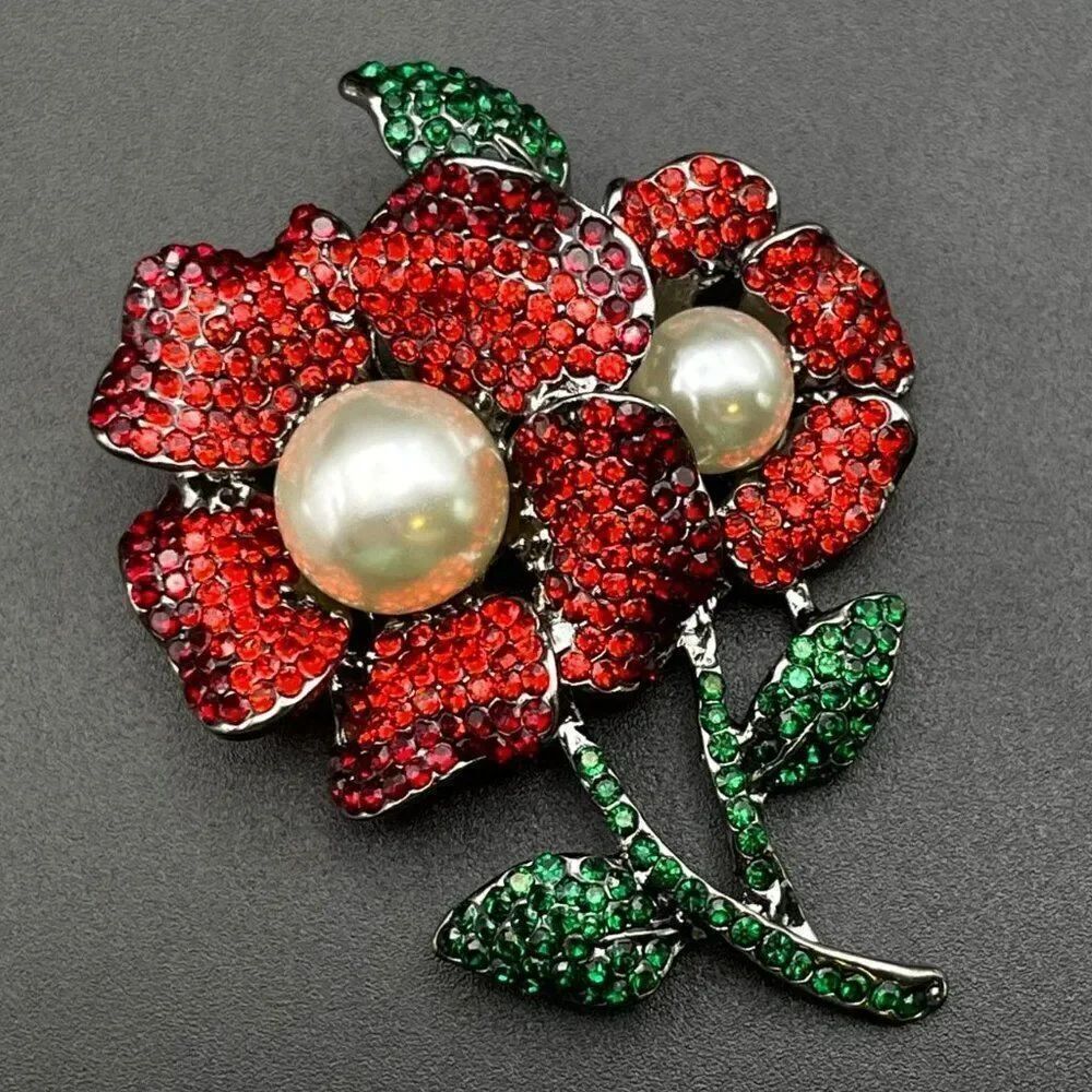 Gun Metal with Ruby Garnet Red and Emerald Crystal Pearl Flower Pin Back Brooch
